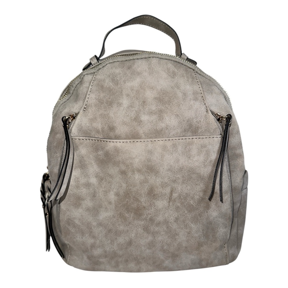 Light Grey Faux Leather Minimalist Backpack Gold Zipper Modern Neutral Travel